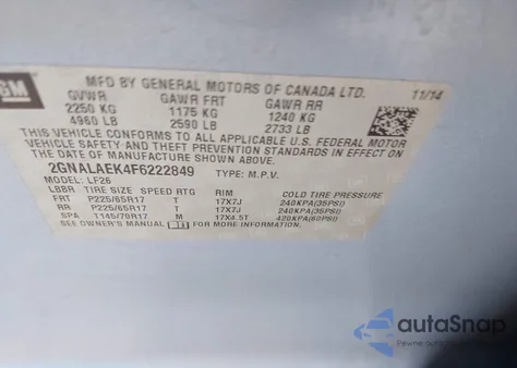 2015 Chevrolet Equinox Ls из США, поврежденный, VIN 2GNALAEK4F6222849